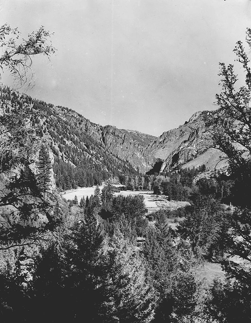 1937 A wide view of the landscape around Falconberry Ranch near Loon Creek. This is the  entrance to the Idaho Primitive Area in the Salmon-Challis National Forest.