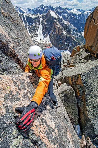 Elijah Weber climbing the Chockstone Couloir, AKA the Boy Scout Couloir an alpine route which is rated Grade 3, Class 4 and located on The Grand Mogul in the Sawtooth Mountains in central Idaho