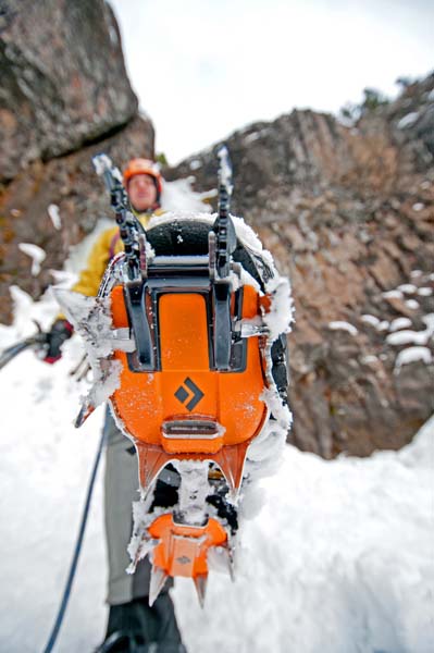 Elijah Weber ice climbing a route called The Elevator Shaft which is rated WI-4 and located at the Unnamed Wall in Hyalite Canyon near the city of Bozeman in southern Montana