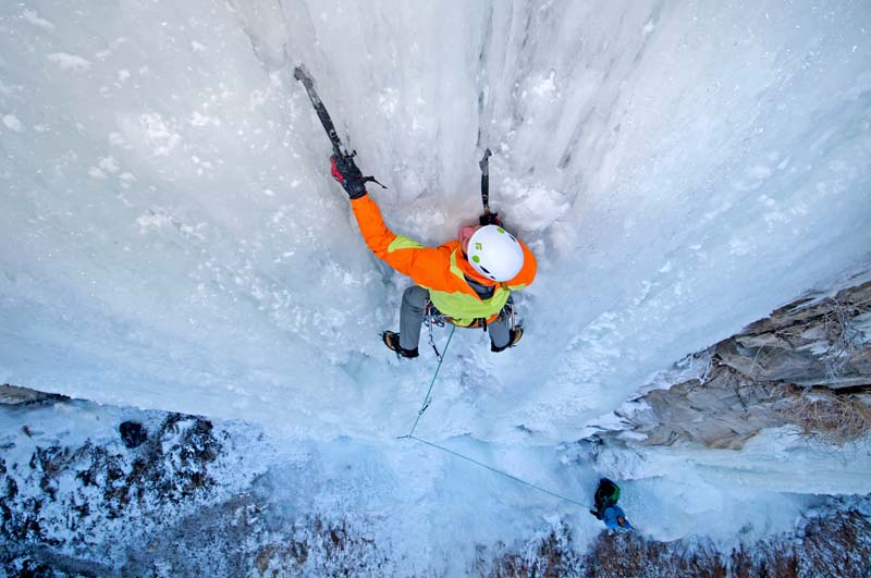 Elijah Weber ice climbing a route called Chrome Moly which is rated WI-4 and located at the Mother Lode Area in the Snake River Canyon near the city of Twin Falls in southern Idaho