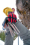 Elijah Weber ice climbing a route called The Elevator Shaft which is rated WI-4 and located at the Unnamed Wall in Hyalite Canyon near the city of Bozeman in southern Montana