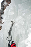 Elijah Weber ice climbing a route called The Elevator Shaft which is rated WI-4 and located at the Unnamed Wall in Hyalite Canyon near the city of Bozeman in southern Montana