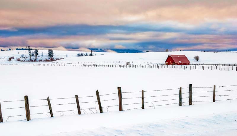 Winter red barn with fence