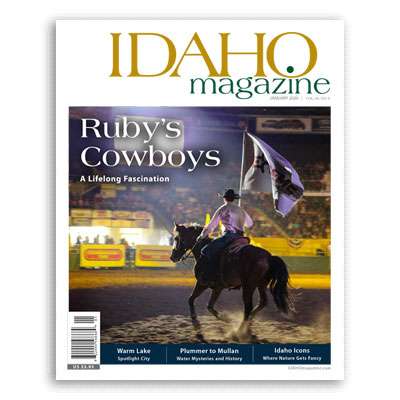 IDAHO magazine January 2020 cover showing rodeo cowboy with flag. 